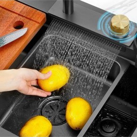 Resim Mutfak Evyesi Teknolojik Akıllı Yağmurlama Armatür 75x45x20cm Ankastre Evye Seti Evye Robot Evye Antrasit 