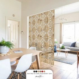 Resim Makta ® Perde Paravan | Lazer Kesim Ahşap Sarkıt Seperatör, 4'lü Panel Levha Seti 