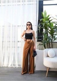 Resim Defymoda Keten Önü Çapraz Parçali Lasti Kli Ve Bağcikli Geni Ş Paça Pantolon Taba 