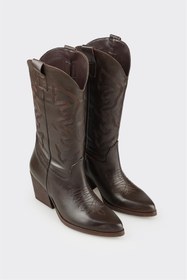 Resim Elle Kahve Deri Kadın Western Çizme 