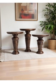 Resim ASELYA HOME Doğal Ahşap 3’lü Set Mantar Yan Sehpa Modern Fiskos Zigon Çiçeklik 