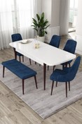 Resim Canisa Eta Serisi 80x132 Mdf Ceviz Ayaklı Beyaz Masa 4 Lacivert Sandalye 1 Bench Mutfak Masa Takımı 