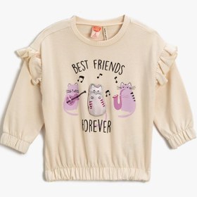 Resim Kız Bebek Kedi Baskılı Fırfırlı Sweatshirt Pamuklu 