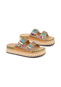 Resim Guja 25y103 Kadın Mantar Platform Taban Taşlı Çift Tokalı Comfort Terlik Camel Fuşya 