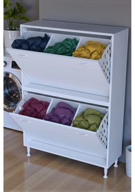 Resim Eliusta Veluna 90 Cm Kirli Çamaşır Sepetli Dolap Banyo Dolabı Beyaz 90x138x32,5 Cm 6 Sepetli Dolap Beyaz 
