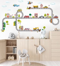 Resim Kasaba Temalı Yol ve Araçlar Çocuk Odası Duvar Stickerı Duvar Dekoru - 114x33 cm / Karışık Renkli / İş Makineleri Temalı 