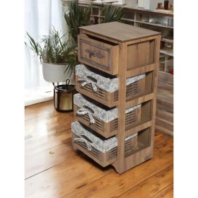 Resim Ahşap 4 Çekmeceli Hasır Görünümlü Yıkanabilir Bezli Sebzelik (Atlantik Çam) 