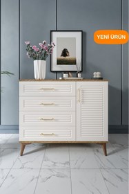 Resim mapahomeliving Panjurlu 4 Çekmeceli 1 Kapaklı Şifonyer Modern Tasarım, MDF Kapak,Ekru Ceviz 