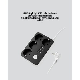 Resim My Best Store 3 USB Çıkışlı 4’lü Akıllı Priz 2500W 2 Metre Kablo 