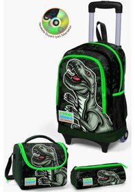Resim Coral High Kids Koyu Yeşil Siyah Dinazor Desenli Çekçekli 3'lü Çanta Seti Set0123925 