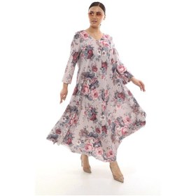 Resim Keten Büyük Beden Kırışmaz Kumaş Kadın Elbise Pudra 