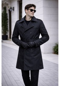 Resim Erkek Modern Kalıp Trençkot - Kemerli, Çift Düğmeli, Zamansız Tasarım Siyah Bndk 