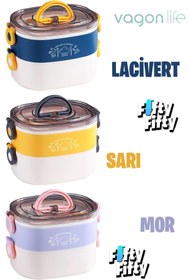 Resim Vagonlife 1200 ML İki Kat Üç Bölme Paslanmaz Çelik Bento Lunch Box Yeni Nesil Sefer Tası-ÇatallıKaşı 