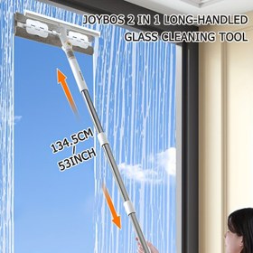 Resim 1 adet JOYBOS 2-in-1 Uzun Saplı Cam Temizleme Aracı, 53 inç Paslanmaz Çelik ve Plastik Pencere Sileceği ve Fırça Kombinasyonu, İç/Dış Mekan, Duvar, Zemin, Patio, Araba Pencere Temizliği için İdeal 