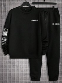 Resim Unisex Los Angls Kol Baskılı Bisiklet Yaka Sweatshirt + Eşofman Altı Jogger Eşofman Takımı Siyah 
