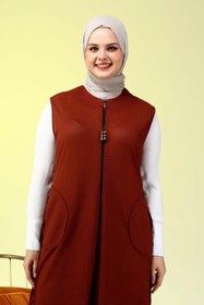 Resim Kadin Buyuk Beden Petek Kumaş Cepli Fermuarlı Düğmeli Yelek - kiremit / 3XL 