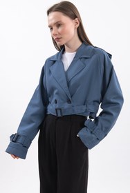 Resim Oversize Kısa Kruvaze Kesim Kemerli Trençkot 7701 - Mavi - Mavi / S 