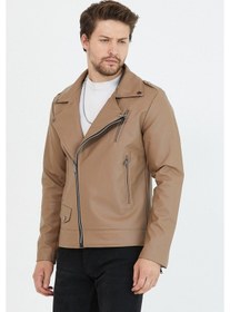 Resim Erkek Vizyon Yeni Sezon Çapraz Fermuarlı Deri Ceket Mont-Vizon 