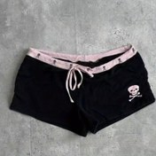 Resim Kadın Y2K Yazlık Siyah Kafatası Baskılı Yüksek Bel Şort - Rahat Esnek Polyester Karışımı, Geometrik Tasarım, Günlük Giyim İçin Mükemmel, Yüksek Bel Şort 