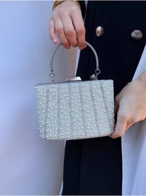 Resim Çanta Trend Kadın Taşlı El ve Uzun Zincir Askılı Kova Model Abiye Çanta ( Düğün Nişan Nikah Balo Mezuniyet ) 