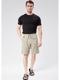 Resim Erkek Beli Lastikli Bağcıklı Keten Karışımlı Slim Fit Jogger Şort Yeşil Yeşil 