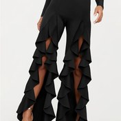 Resim Kadınlar için Siyah Geniş Paça Uzun Pantolon - Yüksek Bel, Gevşek Kesim, Rahat Polyester Karışımı, Şık Fırfır Detaylı, Günlük Kullanım veya Plaj Gezileri için İdeal, Plaj Giyimi Altı | Fırfırlı Geniş Paça | Hafif Kumaş, Plaj Pantolonu 