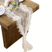 Resim Şık Beyaz Dantel Masa Koşucusu 35.56 x 299.72 cm - Nakışlı Bohem Tarzı Püskullerle Düğün, Gelin Duşu ve Vintage Rustik Süslemeler için 