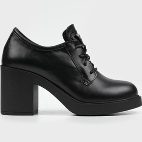 Resim TUNAELLİ KADIN SİYAH HAKİKİ DOĞAL DERİ TOPUKLU OXFORD AYAKKABI 