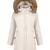 Resim Kadın Sıcak Tüylü Polar Astarlı Orta Uzunlukta Kışlık Mont - Cepli, Fermuarlı, Uzun Kollu ve Düğme Detaylı, Soğuk Hava için Mükemmel, Günlük Tarzda, Kışlık Mont 