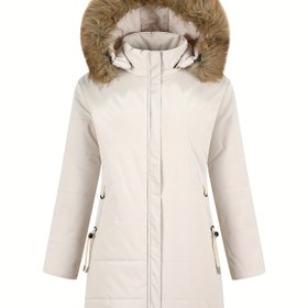Resim Kadın Sıcak Tüylü Polar Astarlı Orta Uzunlukta Kışlık Mont - Cepli, Fermuarlı, Uzun Kollu ve Düğme Detaylı, Soğuk Hava için Mükemmel, Günlük Tarzda, Kışlık Mont 