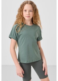 Resim Açık Yeşil Pamuklu O Yaka Oversize Fit Basic Kız Çocuk T-shirt - 75182 Yeşil 