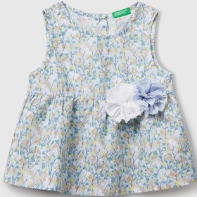Resim United Colors of Benetton Kız Çocuk Mavi Keten Karışımlı Tamamı Desenli Çiçek Aplikeli Arkası Düğmeli Kolsuz Gömlek 