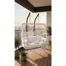 Resim Demharis Çift Kişilik Beyaz Rattan Bahçe Salıncağı Minderli Balkon Teras Salıncağı 