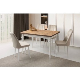 Resim Ahşap Salon Yemek Masa Sandalye Takımı 4 Sandalyeli Yandan Açılır Büyüyen Meşe 70x110cm Ekru 