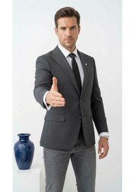 Resim Plus Scorpion Erkek Blazer Ceket Twill Puntolu Kırlangıç Yaka 2 Düğmeli Çift Yırtmaçlı Slim Fit Füme 
