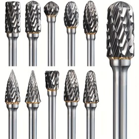 Resim 10 Adet Tungsten Karbür Çift Kesim Döner Bür Seti, Hassas Öğütme ve Oyma Aleti, Yuvarlak Baş, Tungsten Çeliği, 1/8" Saplı, Ahşap ve Metal için, Kalıp Öğütücü ve Elektrikli Matkap ile Uyumlu 