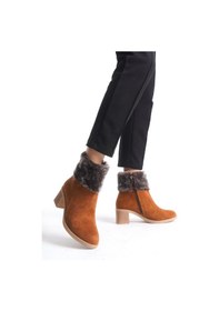 Resim Katya Fermuarlı Ortopedik Taban Topuklu Kürk Detaylı Süet Kadın Bot Stt - Taba Taba 