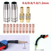 Resim 14 parça/set, 15AK Tüketilebilir Kaynak Başlığı 0.6/0.8/0.9/1.0/1.2mm MIG MAG Kaynak Torch Nozulu Gaz Nozulu Ucu Tutucu 