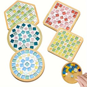 Resim Kendin Yap Vitray Mozaik Bardak Altlığı Seti Bambu Taban ile - Kendi Benzersiz Ev Dekor Hediye Yapın, DIY El Sanatları Malzemeleri 