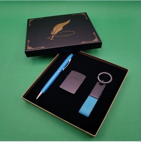 Resim Büro Ev Ofis Hediyesi İçin 3parça Turkuaz Çakmak Anahtarlık Tükenmez Kalem Seti 