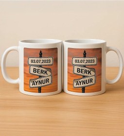 Resim Bk Gift Kişiye Aşkın Yol Tabelası Tasarımlı 2li Beyaz Kupa Bardak-1, Sevgiliye Hediye, Eşe Hediye, Yıldönümü Hediyesi Kobitmeyencom34080 Bk Gift 