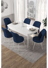 Resim Canisa Concept Kor Serisi 70x114 Açılabilir Mutfak Masası Takımı Beyaz Masa 6 Siyah Sandalye Masa Beyaz 6 Lacivert Sandalye 