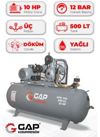 Resim Gap Kompresör Gpk 390 Hava Kompresörü Pistonlu 500 Lt 3 Kafa 12 Bar 10 Hp 