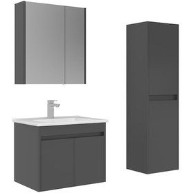 Resim Orka Arno 65 Cm Parlak Antrasit Kapaklı Banyo Dolabı Takımı Ve Boy Dolabı Antrasit 