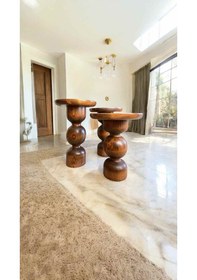 Resim Ahşap Mantar Sehpa Takımı 3 Lü Açık Ceviz Renk Yan Sehpa Seti Açık Ceviz 