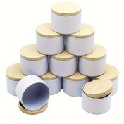 Resim 12 Adetlik Beyaz Metal Mum Kutuları Ahşap Kapaklı, 4oz & 8oz - DIY Mum Yapım Kavanozları, Şeker ve Hediyeler için Küçük Saklama Kapları 