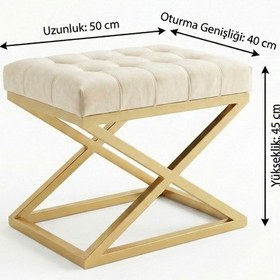 Resim Nexus Babyface Kapitoneli Puf - Gold Metal X Ayaklı Modern Bench 50x40 Cm Bej 