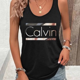 Resim Kadınlar için Yumuşak ve Rahat Kolsuz Yelek - "Calvin" Harf Baskılı Gradyan Tank Top, Yuvarlak Yaka Makinede Yıkanabilir İlkbahar Yaz Modası Üst, Bayanlar için Tank Tops, Gevşek Stil, Trend Tasarım, Hafif Üst, Baskılı Üst 