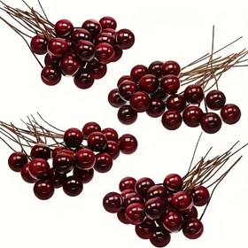 Resim 50 Adet Gerçekçi Kırmızı Çobanpüskülü İncileri - Metal Tel Saplı Plastik Kalıcı Yapay Meyve, Parlak Bordo/Koyu Al 