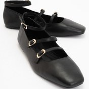 Resim Glımmer Siyah Hakiki Deri Bilekten Bağlamalı Küt Burun Kadın Babet Ayakkabı Siyah 